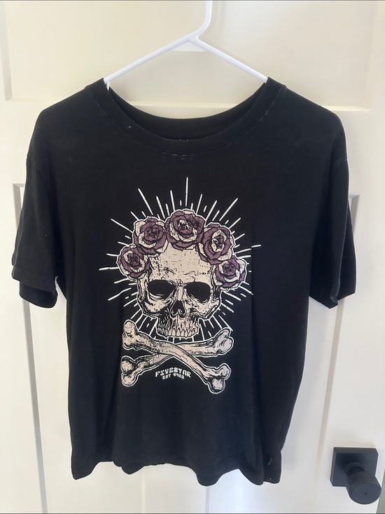 Five Star Tops - Five Star Black Tee with Skull and Purple Rose Crown